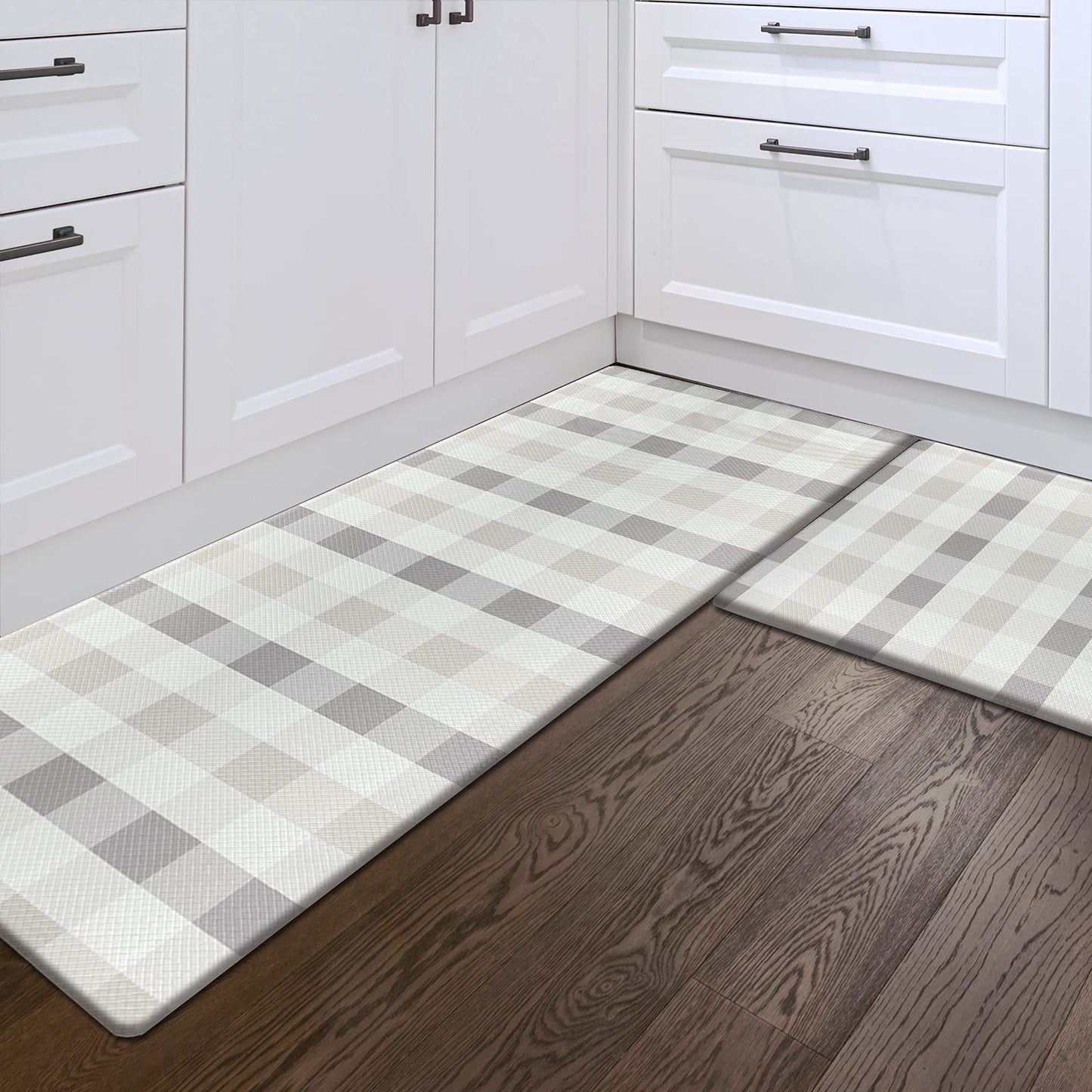 Sunlit Set of 2 Anti Fatigue Kitchen Floor Mat, Non Slip Waterproof Comfort Standing Mat, 0.4 Inch Thick Cushioned Farmhouse Kitchen Rug Runner, White Red Buffalo Check (17"x28"&17"x47")