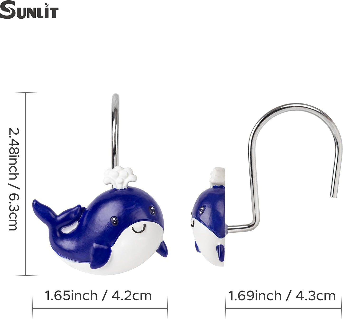 Sunlit Whales Shower Curtain Hooks, Nautical Home Decorative Shower Curtain Rings, Hand-Painted Resin, Cute Ocean Shower Curtain Hanger Hooks for Kids Bathroom, Set of 12