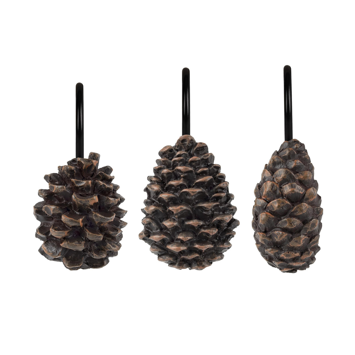 Sunlit Snowy Pinecone Shower Curtain Hooks Set of 12, Snow-Tipped Pine Cone Curtain Rings for Christmas Winter Bathroom Decor, Rustic Decorative Resin Bath Accessories