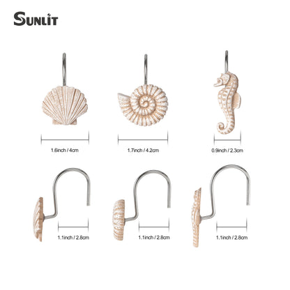 Sunlit Seashells Decorative Shower Curtain Hooks, Scallop Nautilus & Seahorse Shower Curtain Rings, Seashell Blush, Resin, Nautical Bathroom Decoration Beach Shower Curtain Hooks-12 Pack