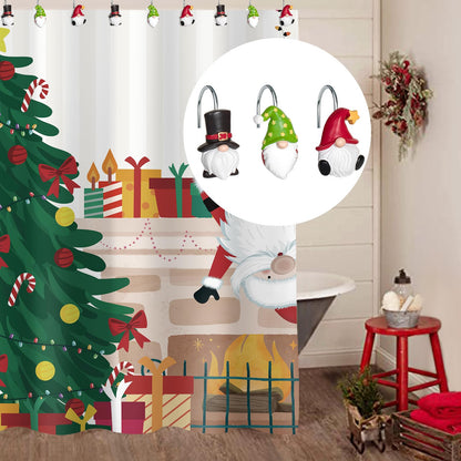 Sunlit Christmas Shower Curtain Hooks, Gnome Shower Curtain Rings, Hand Painted Resin Christmas Decor, Winter Bathroom Decoration, Red Hat with White Polka Dot, Set of 12