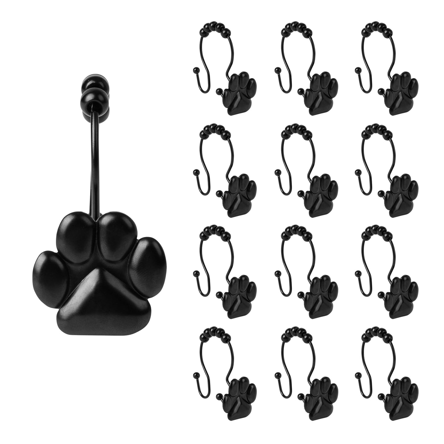 Sunlit Fashion Design Cute Paw Print Polished Double Shower Curtain Hooks for Dog Cat and Bear, Rust Proof Oil Rubbed Metal Shower Curtain Rings-12 Pack