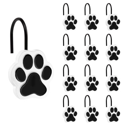 Sunlit Cute Paw Print Decorative Shower Curtain Hooks for Dog Cat Bear, Resin, Lovely Shower Curtain Rings with Black Hooks for Kids, Bathroom Decoration Curtain Hangers, 12 Pack, Black and White