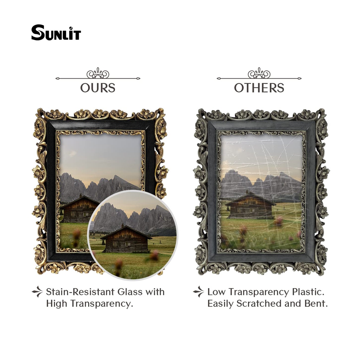 Sunlit Vintage Picture Frame 5x7 Inch, Luxury Antique Photo Frames with Glass Front, Photo Display, Tabletop Wall Hanging, Gift Ideas, Gold and Brown