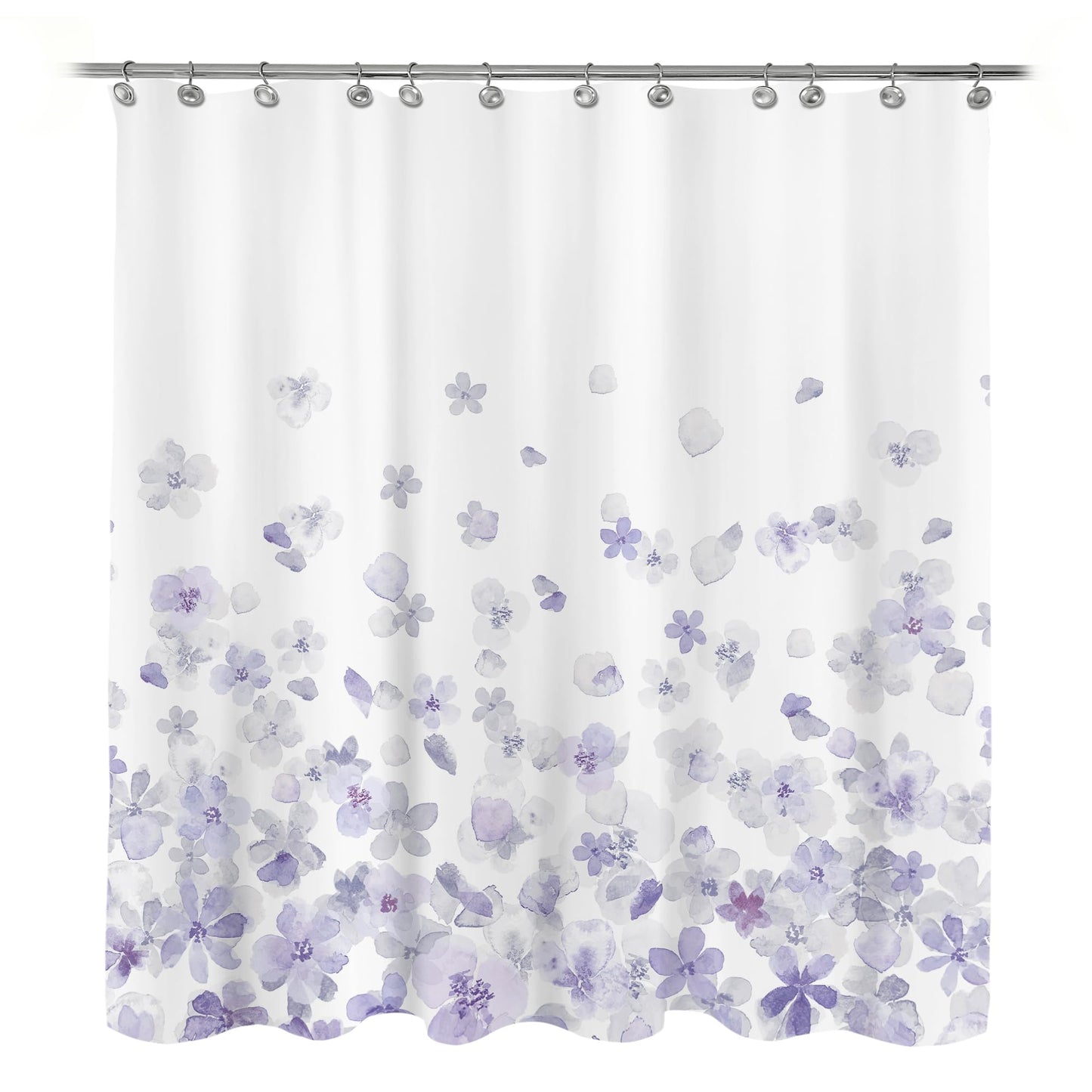 Sunlit Design Simple Style Blue and Gray Flower Blossoms Fabric Shower Curtains for Bathroom Decor with White Background, Machine Washable