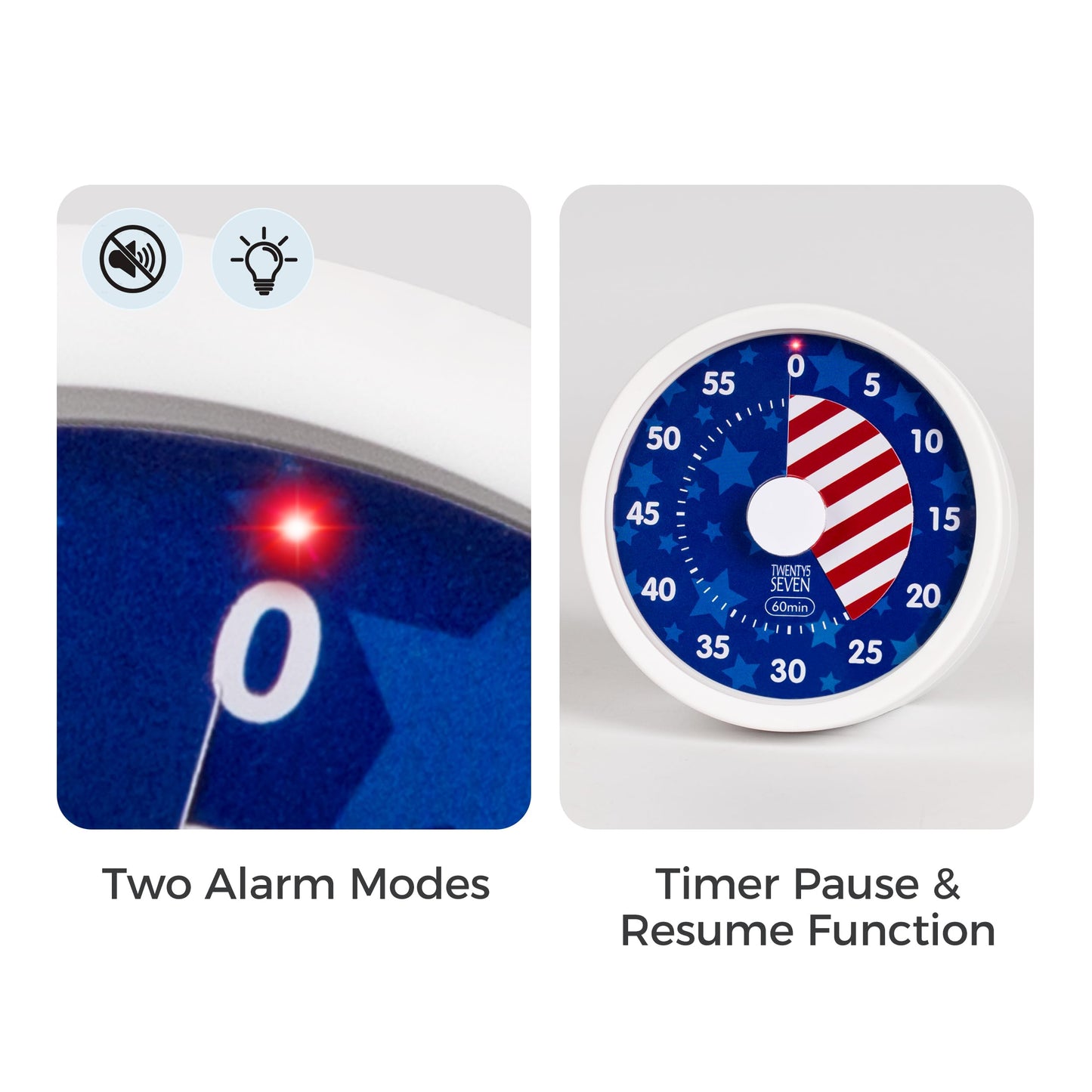 TWENTY5 SEVEN Countdown Timer 3 inch, Silent 60 Minute 1 Hour Visual Timer with Pause, Magnetic Classroom Teaching Tool Office Meeting, Countdown Clock for Kids Time Management, Red White and Blue