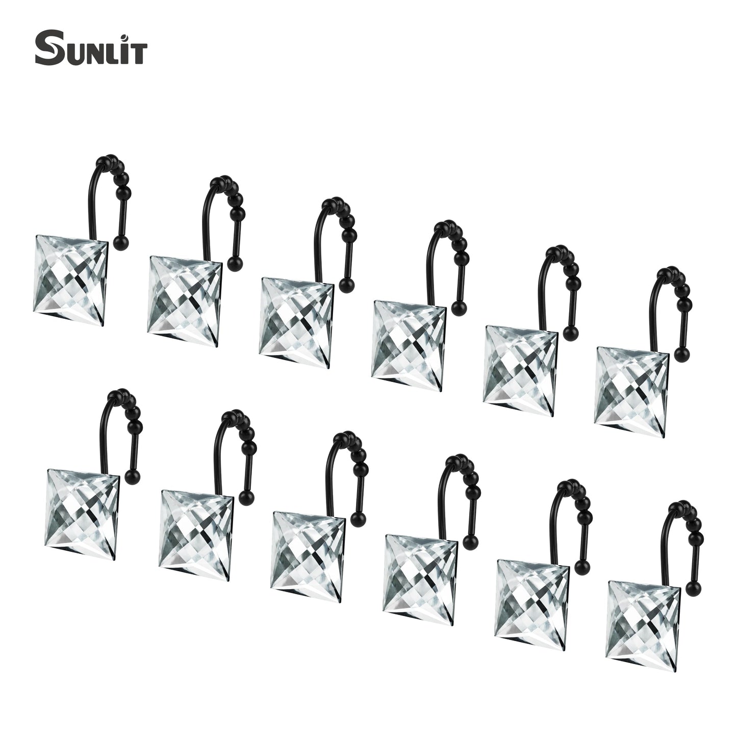 Sunlit Luxury Design Square Red Diamond Crystal Gem Bling with Glide Balls Shower Curtain Hooks, Rust Proof Metal Rhinestones Glam Shower Curtain Rings-12 Pack