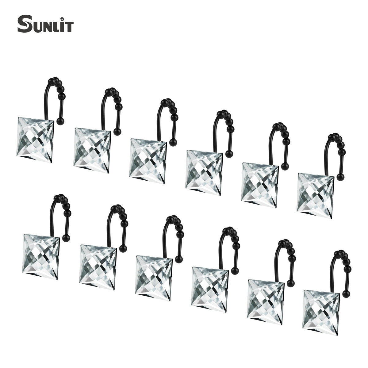 Sunlit Square Rhinestone Shower Curtain Hooks with Glide Balls, 12 Pack