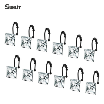 Sunlit Square Rhinestone Shower Curtain Hooks with Glide Balls, 12 Pack