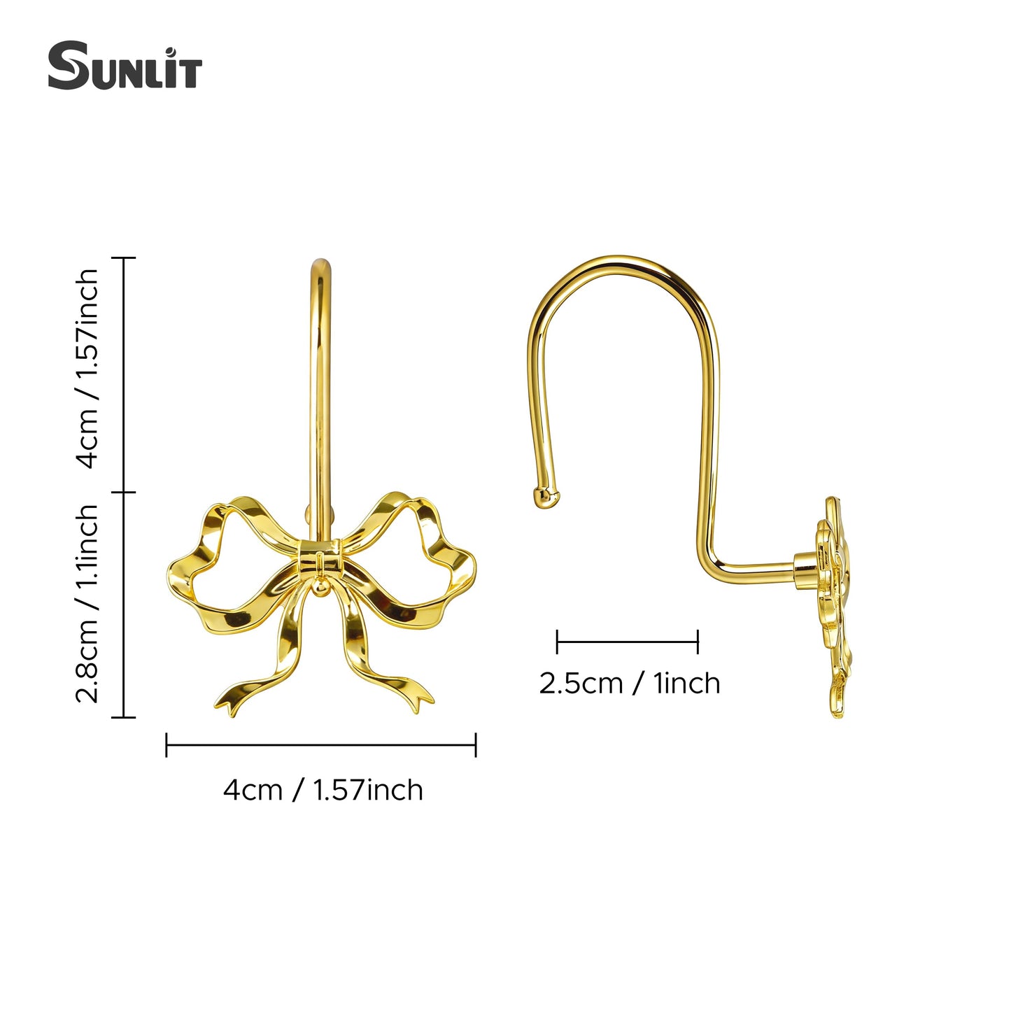 Sunlit Cute Gold Bow Knot Shower Curtain Hooks, Metal Home Decorative Shower Curtain Rings for Bathroom, Shower Curtain Hangers Bathroom Accessories, Set of 12