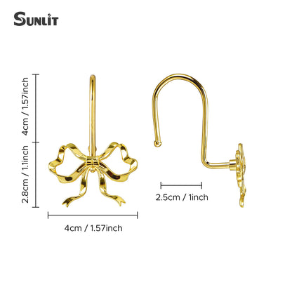 Sunlit Cute Gold Bow Knot Shower Curtain Hooks, Metal Home Decorative Shower Curtain Rings for Bathroom, Shower Curtain Hangers Bathroom Accessories, Set of 12