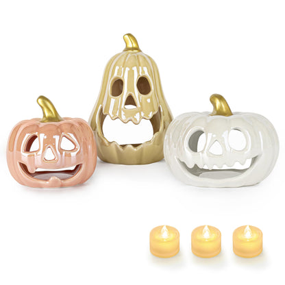Sunlit Ceramic Pumpkin with 3 Tea Lights, Jack O Lantern Candle Holder Set of 3, Tabletop Indoor Halloween Decorations for Holiday Party Home
