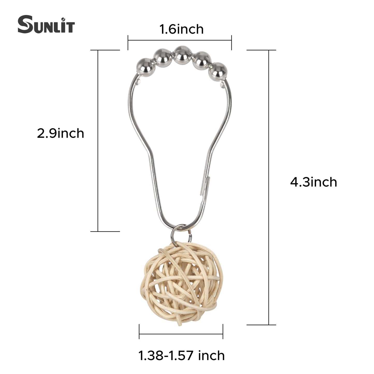 Sunlit Boho Decorative Rattan Balls Shower Curtain Hooks, Wicker Orbs Shower Curtain Rings for Bathroom, Farmhouse Shower Curtain Hangers Bathroom Accessories, Set of 12, Brown