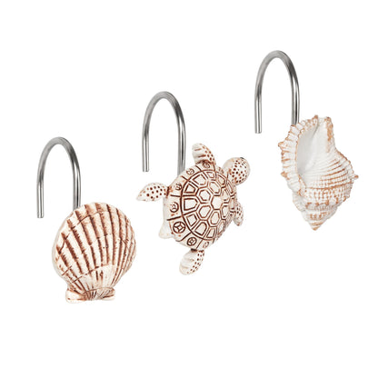 Sunlit Seashells Decorative Shower Curtain Hooks, Scallop Nautilus & Seahorse Shower Curtain Rings, Seashell Blush, Resin, Nautical Bathroom Decoration Beach Shower Curtain Hooks-12 Pack