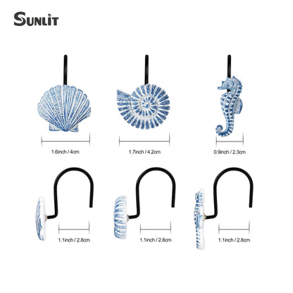 Sunlit Seashells Decorative Shower Curtain Hooks, Blue Ocean Creatures Coastal Shower Curtain Rings with Black Hooks, Resin, Nautical Bathroom Decoration Beach Shower Curtain Hooks, Set of 12