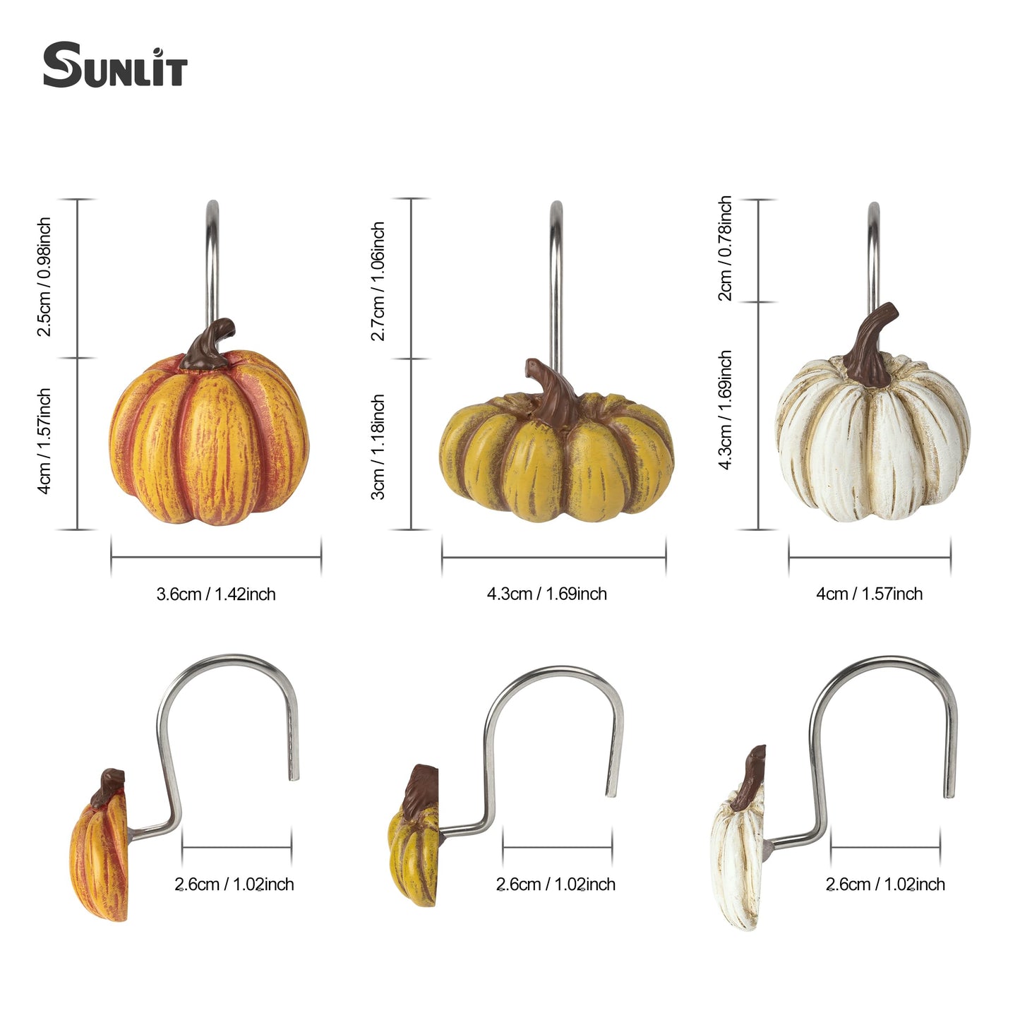 Sunlit Fall Pumpkin Decorative Shower Curtain Hooks, Autumn Harvest Festival Shower Curtain Rings, Resin, Orange Farmhouse Bathroom Curtain Hangers Decoration, Set of 12