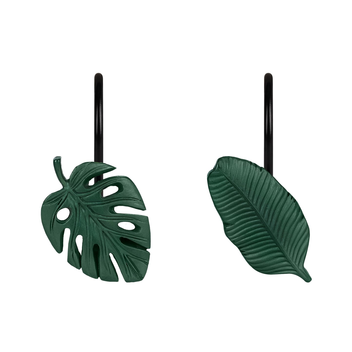 Tropical Leaf Decorative Shower Curtain Hooks, Green Botanical Shower Curtain Rings with Black Hooks, Resin, Monstera Deliciosa Leaves Shower Curtain Hangers for Bathroom, Set of 12