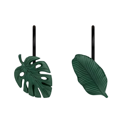 Tropical Leaf Decorative Shower Curtain Hooks Green Botanical Shower Curtain Rings, Resin, Monstera Deliciosa Leaves Shower Curtain Hangers for Bathroom, Set of 12