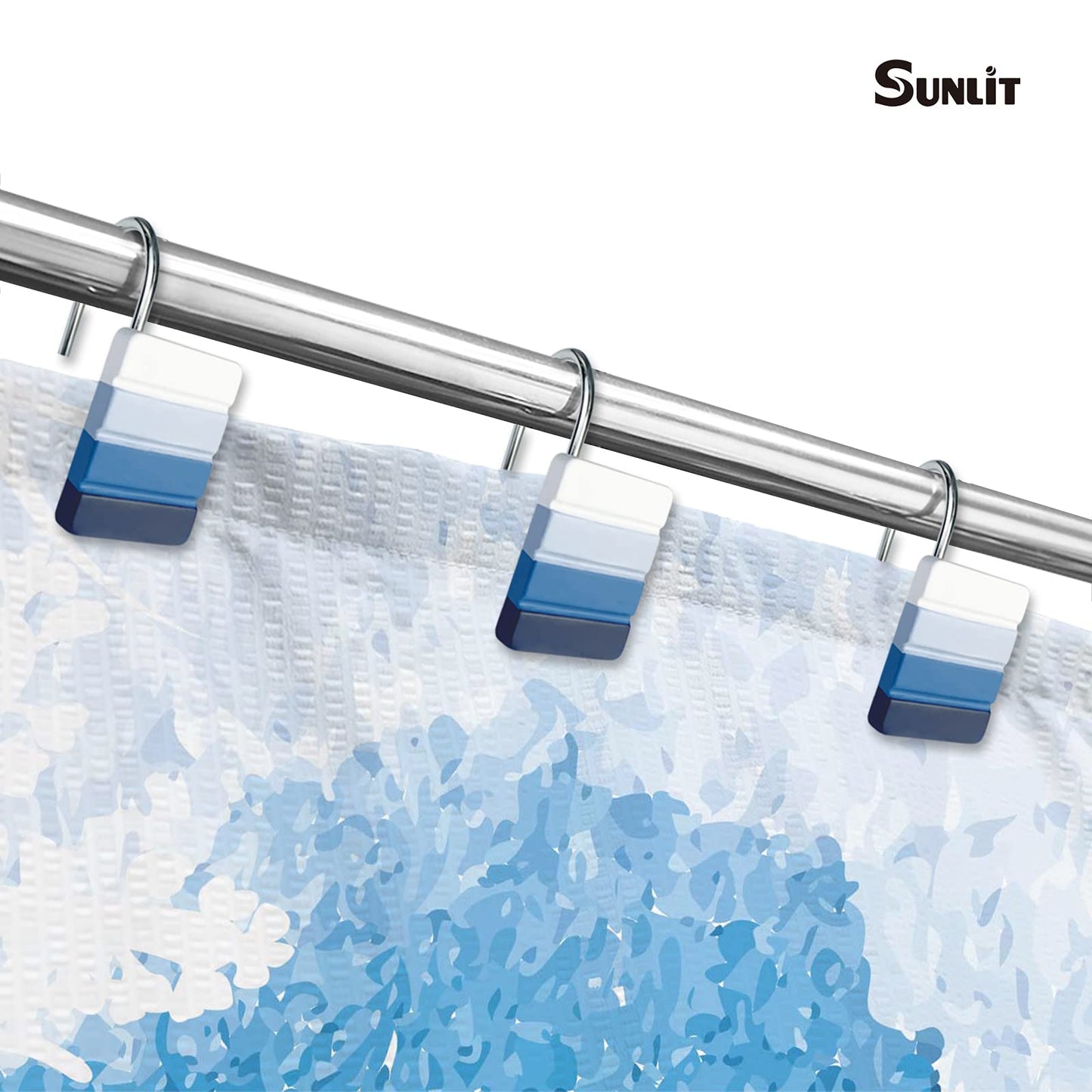 Sunlit Ombre Blue Decorative Shower Curtain Hooks, Blue Navy Shower Curtain Rings, Resin, Bathroom Decoration Stripes Shower Curtain Hooks-12 Pack