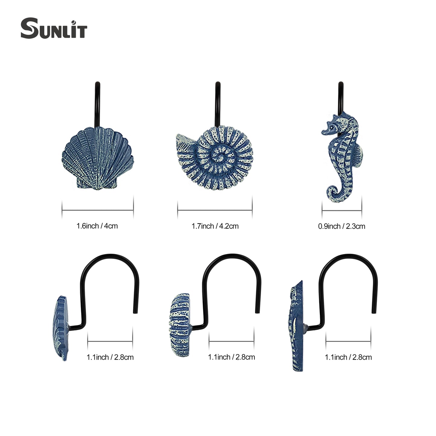 Sunlit Seashells Decorative Shower Curtain Hooks, Blue Ocean Creatures Coastal Shower Curtain Rings with Black Hooks, Resin, Nautical Bathroom Decoration Beach Shower Curtain Hooks, Set of 12