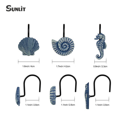 Sunlit Seashells Decorative Shower Curtain Hooks, Blue Ocean Creatures Coastal Shower Curtain Rings with Black Hooks, Resin, Nautical Bathroom Decoration Beach Shower Curtain Hooks, Set of 12
