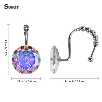 Sunlit Luxury Design Round Clear Diamond Crystal Gem Bling with Glide Balls Double Shower Curtain Hooks, Rust Proof Metal Rhinestones Glam Shower Curtain Rings-12 Pack