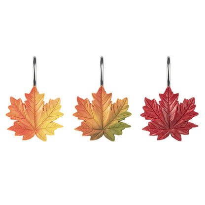 Sunlit Maple Leaf Shower Curtain Hooks for Fall Autumn, Home Decorative Shower Curtain Rings for Bathroom, Resin, Orange Red Maple Leaves Shower Curtain Hangers Hooks Bath Accessories, Set of 12