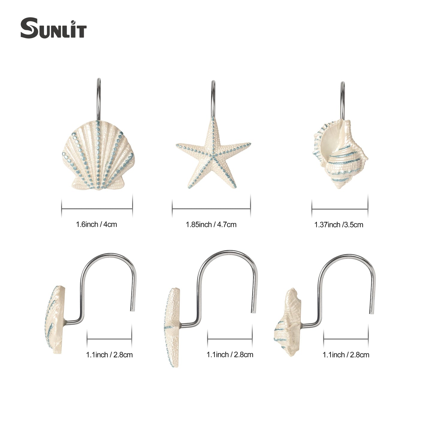 Sunlit Seashells Decorative Shower Curtain Hooks, Scallop Nautilus & Seahorse Shower Curtain Rings, Seashell Blush, Resin, Nautical Bathroom Decoration Beach Shower Curtain Hooks-12 Pack