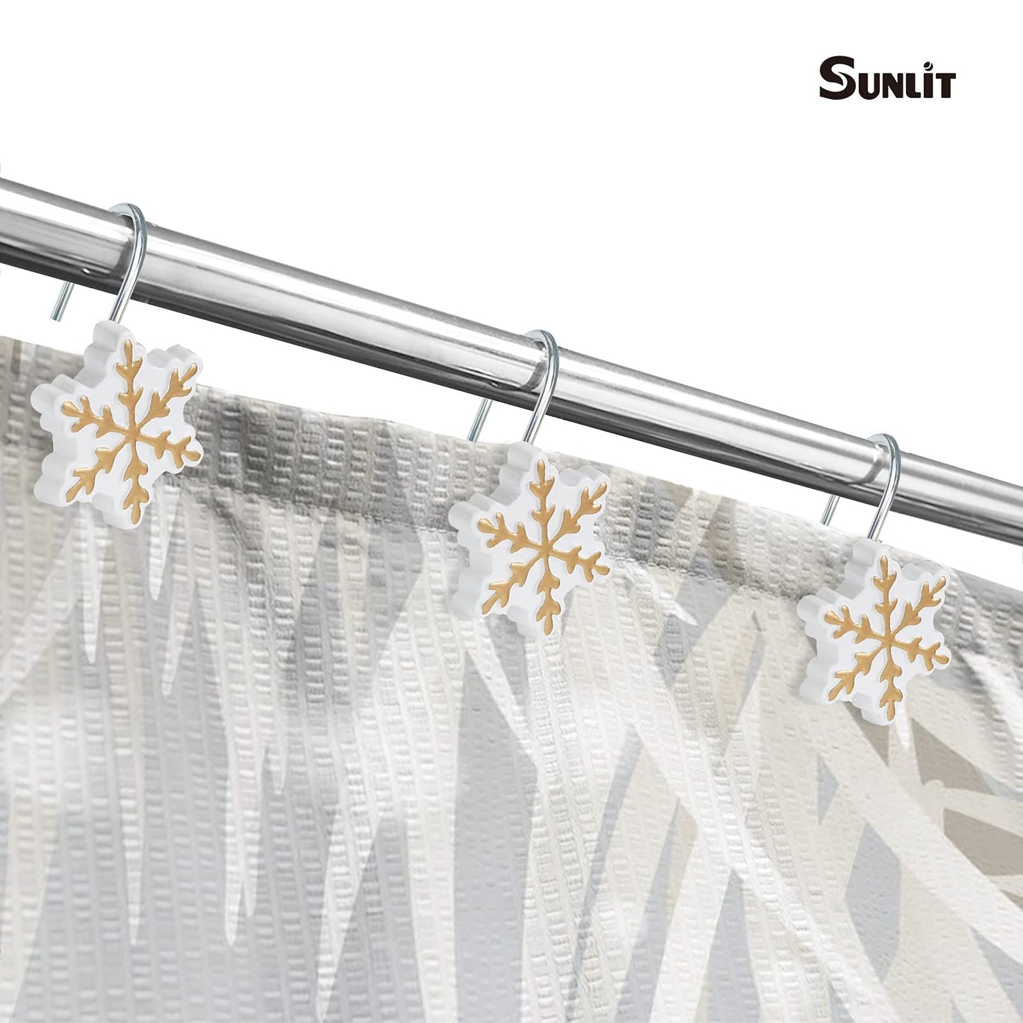 Sunlit Christmas Shower Curtain Hooks Silver Snowflakes Shower Curtain Rings, Resin, White Christmas Decor, Winter Bathroom Decoration - 12 Pack