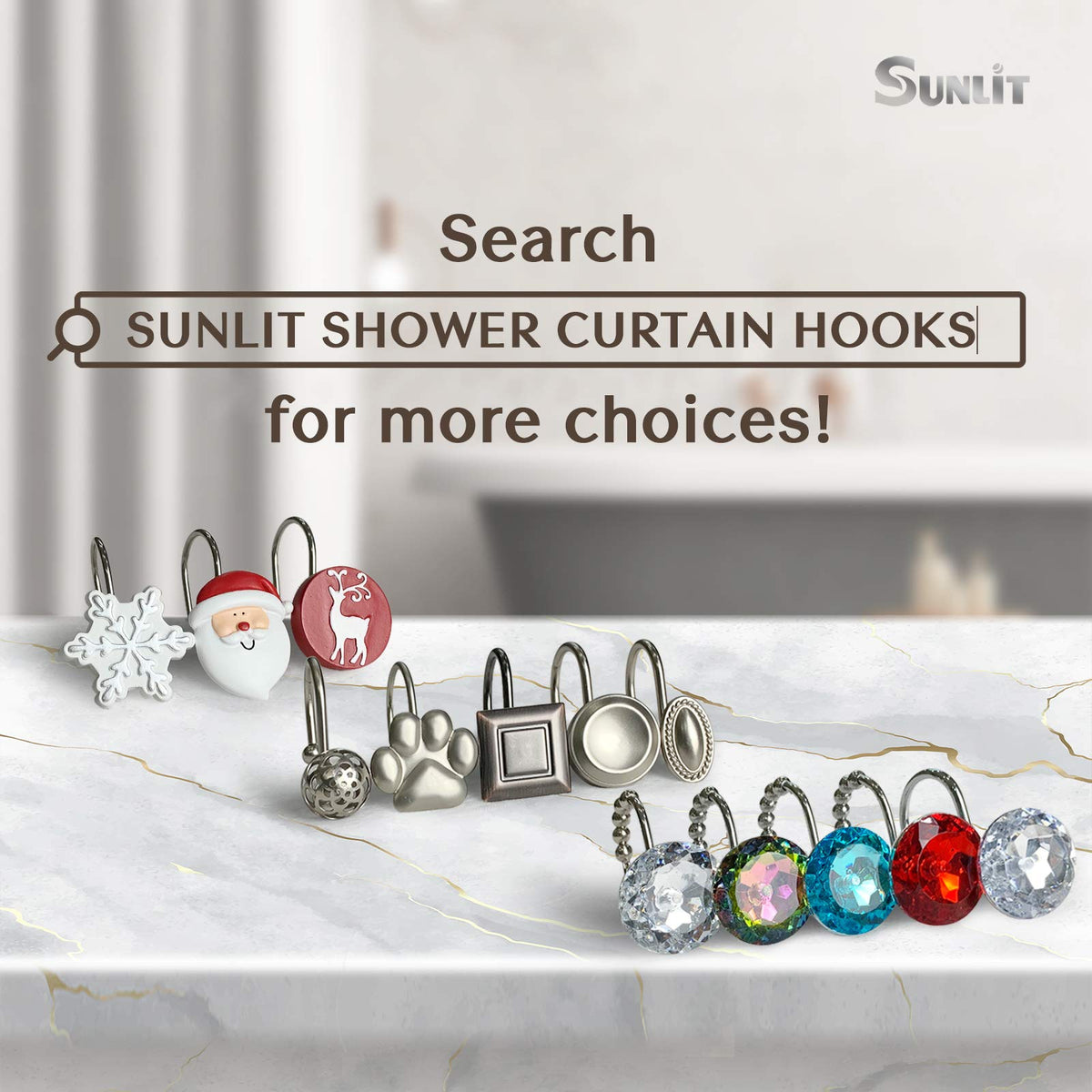 Sunlit Christmas Shower Curtain Hooks Snowflakes Double Shower Curtain Rings, Resin, Red and White Christmas Decor, Winter Bathroom Decoration - 12 Pack