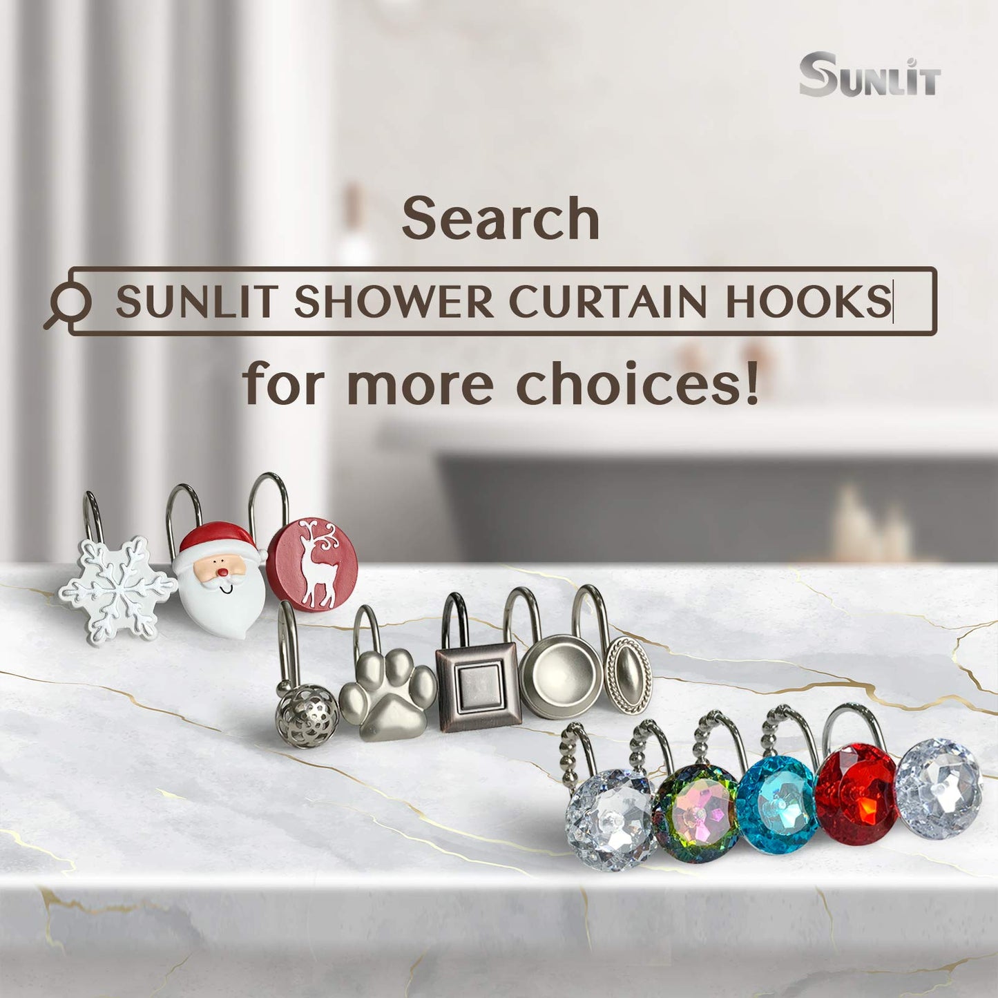 Sunlit Merry Christmas Shower Curtain Hooks Smiling Santa Claus Shower Curtain Rings, Resin, Christmas Decor, Winter Bathroom Decoration - 12 Pack