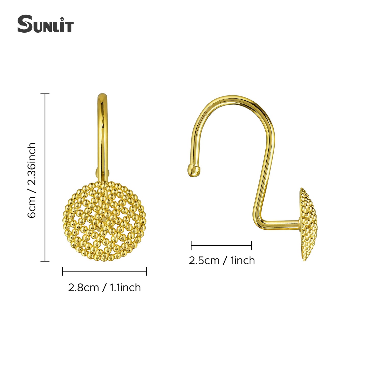 Sunlit Gold 3D Beaded Mesh Shower Curtain Hooks, Metal Home Decorative Shower Curtain Rings for Bathroom, Modern Shower Curtain Hangers Bathroom Accessories, Set of 12