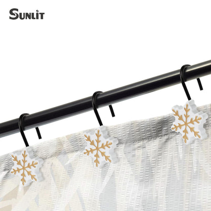 Sunlit Christmas Shower Curtain Hooks Silver Snowflakes Shower Curtain Rings, Resin, White Christmas Decor, Winter Bathroom Decoration - 12 Pack