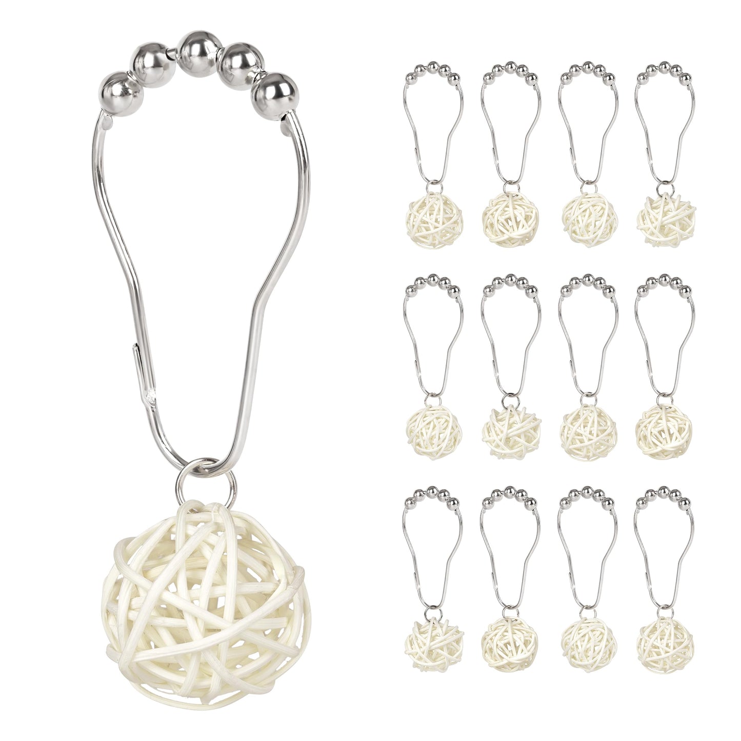 Sunlit Boho Decorative Rattan Balls Shower Curtain Hooks, Wicker Orbs Shower Curtain Rings for Bathroom, Farmhouse Shower Curtain Hangers Bathroom Accessories, Set of 12, Brown