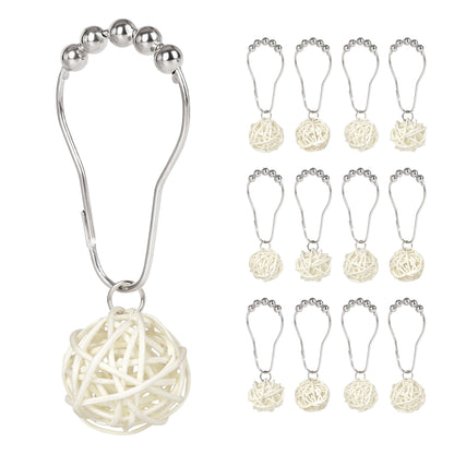 Sunlit Boho Decorative Rattan Balls Shower Curtain Hooks, Wicker Orbs Shower Curtain Rings for Bathroom, Farmhouse Shower Curtain Hangers Bathroom Accessories, Set of 12, Brown
