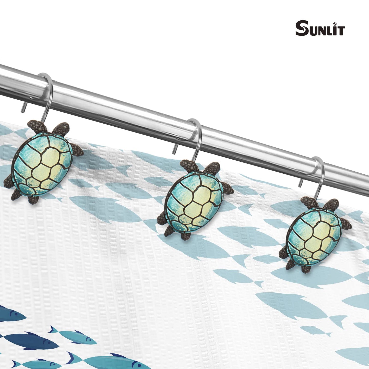 Sunlit Sea Turtle Shower Curtain Hooks, Home Decorative Shower Curtain Rings for Bathroom, Resin, Ocean Shower Curtain Hanger Hooks for Kid Room Living Room, Set of 12