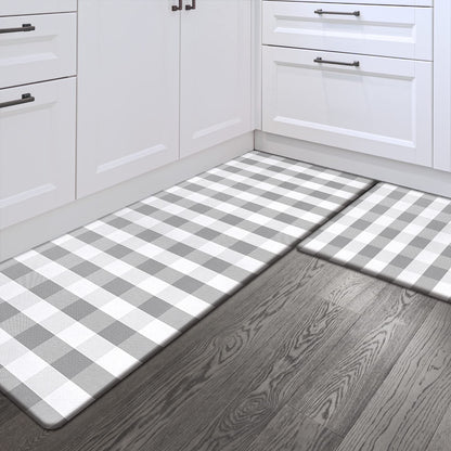 Sunlit Set of 2 Anti Fatigue Kitchen Floor Mat, Non Slip Waterproof Comfort Standing Mat, 0.4 Inch Thick Cushioned Farmhouse Kitchen Rug Runner, White Red Buffalo Check (17"x28"&17"x47")