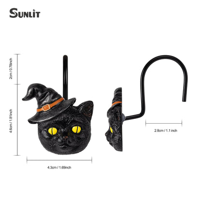 Sunlit Halloween Black Cat Shower Curtain Hooks, Home Decorative Shower Curtain Rings for Bathroom, Halloween Shower Curtain Hangers Bathroom Accessories, Set of 12, Wizard Cat