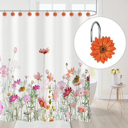 Sunlit Daisy Shower Curtain Hooks, Home Decorative Shower Curtain Rings for Bathroom, Resin, Floral Shower Curtain Hanger Hooks for Living Room, Set of 12, White and Golden