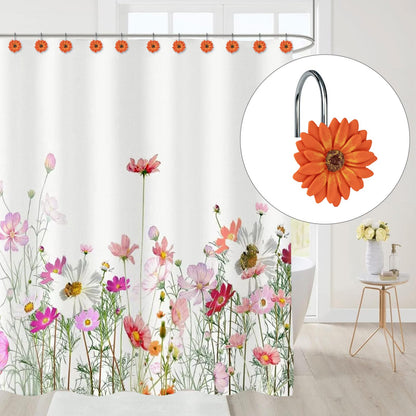 Sunlit Green Daisy Shower Curtain Hooks, Home Decorative Shower Curtain Rings for Bathroom, Resin, Summer Floral Shower Curtain Hanger Hooks for Living Room, Set of 12