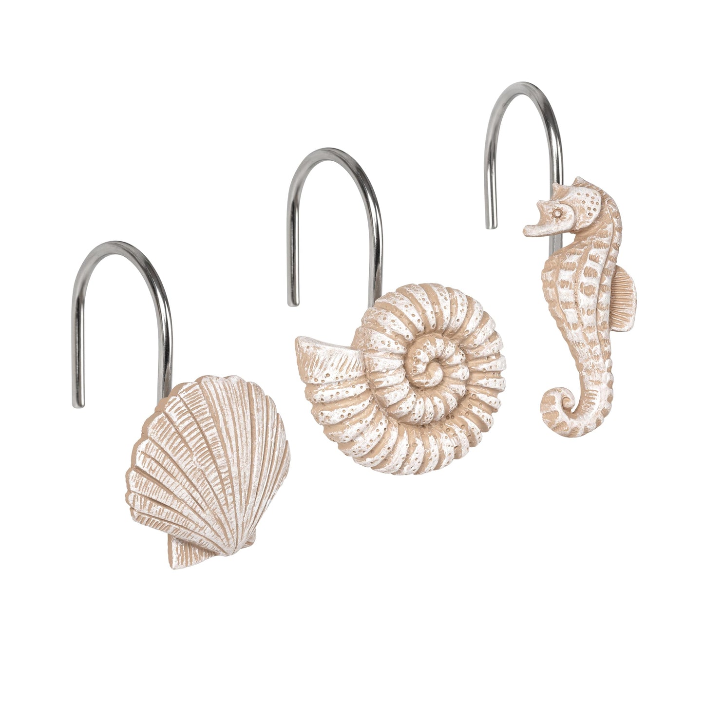 Sunlit Seashells Decorative Shower Curtain Hooks, Scallop Nautilus & Seahorse Shower Curtain Rings, Seashell Blush, Resin, Nautical Bathroom Decoration Beach Shower Curtain Hooks-12 Pack