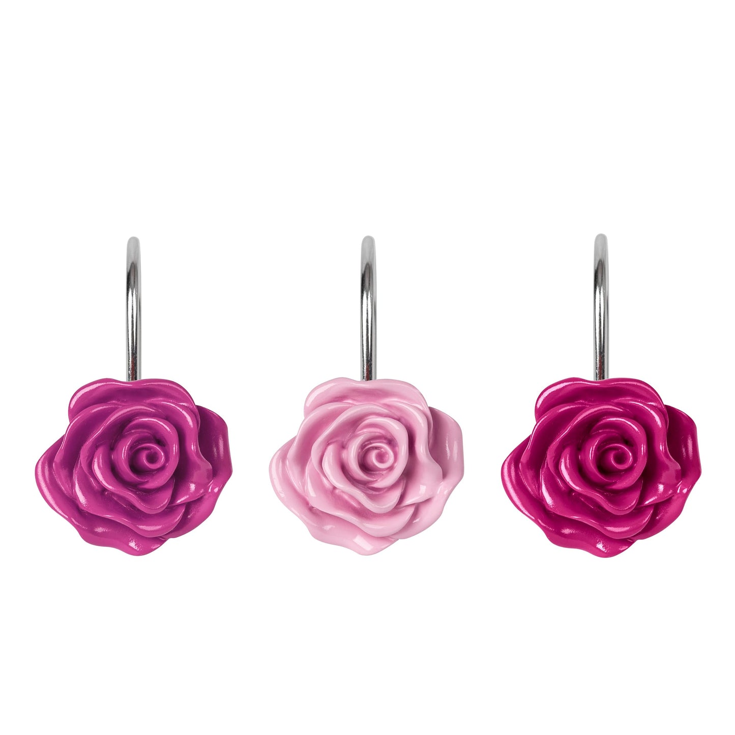 Sunlit Rose Shower Curtain Hooks, Home Decorative Flower Shower Curtain Rings for Bathroom, Resin, Pink Floral Shower Curtain Hanger Hooks for Living Room, Set of 12