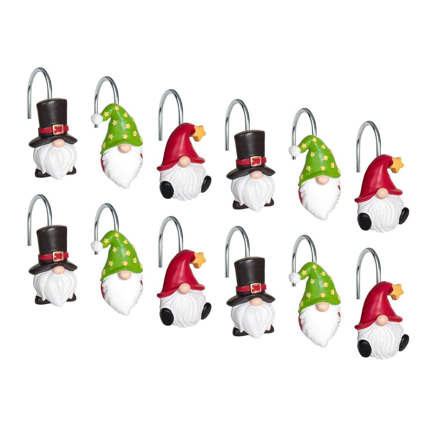 Sunlit Christmas Shower Curtain Hooks, Gnome Shower Curtain Rings, Hand Painted Resin Christmas Decor, Winter Bathroom Decoration, Red Hat with White Polka Dot, Set of 12