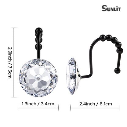 Sunlit Luxury Design Round Clear Diamond Crystal Gem Bling with Glide Balls Double Shower Curtain Hooks, Rust Proof Metal Rhinestones Glam Shower Curtain Rings-12 Pack
