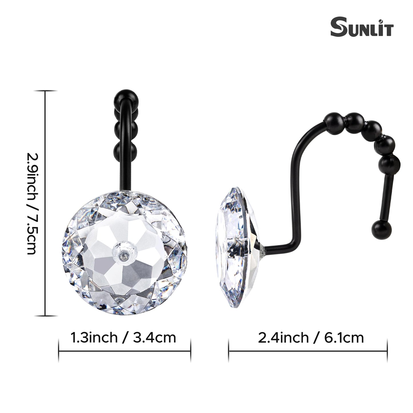 Sunlit Luxury Design Round Yellow Diamond Crystal Gem Bling with Glide Balls Shower Curtain Hooks, Rust Proof Metal Rhinestones Glam Shower Curtain Rings-12 Pack