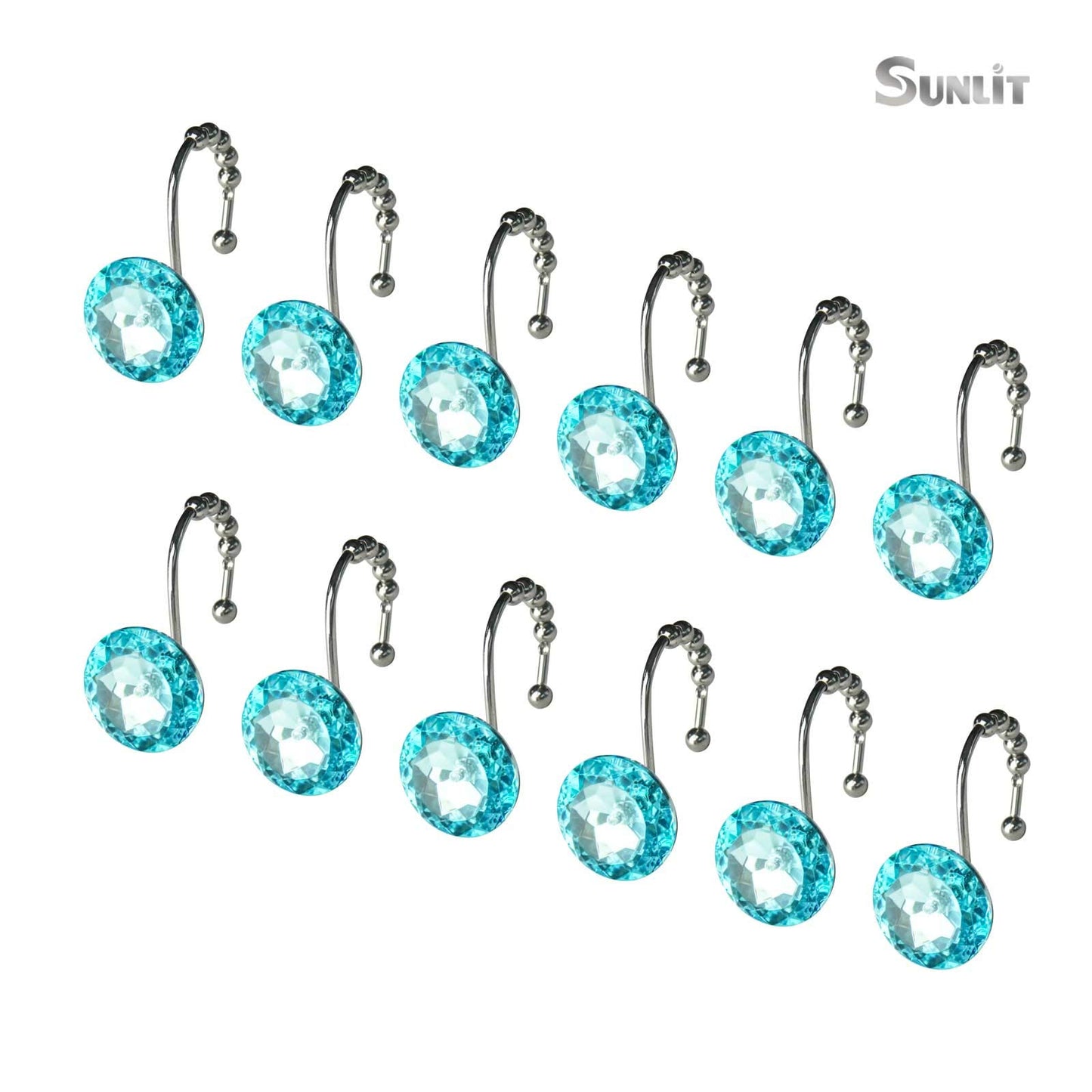 Sunlit Luxury Design Round Yellow Diamond Crystal Gem Bling with Glide Balls Shower Curtain Hooks, Rust Proof Metal Rhinestones Glam Shower Curtain Rings-12 Pack