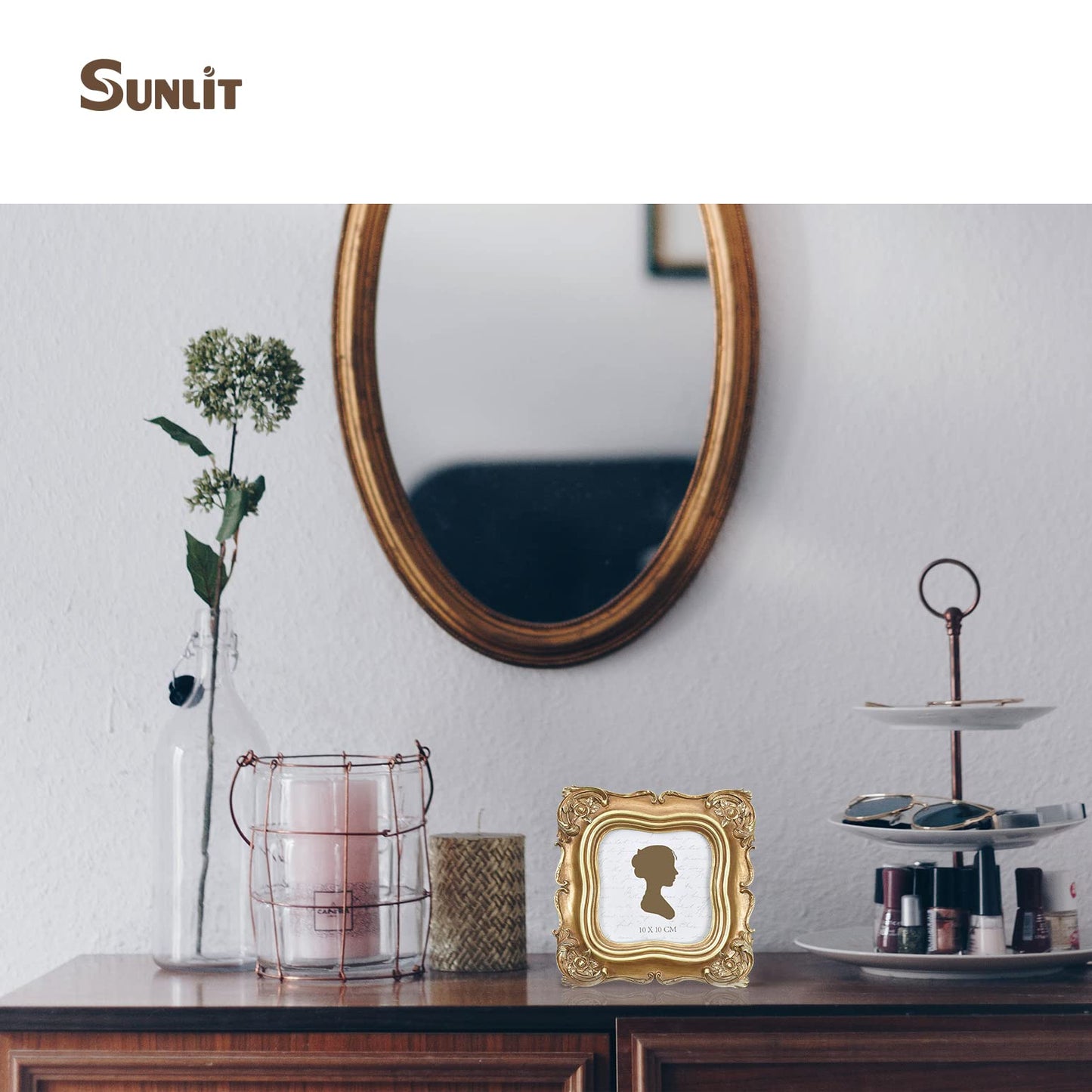 Sunlit Vintage Small Picture Frame 2.5x3.5 Inch, Antique Mini Polaroid Photo Frames with Glass Front, Luxury Wallet Size Picture Frames, Tiny Photo Frames Display Tabletop Wall Hanging Gift Ideas, Gold