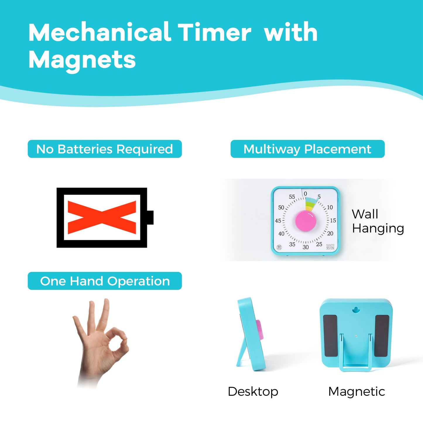 TWENTY5 SEVEN Countdown Timer 7.5 inch; 60 Minute 1 Hour Visual Timer – Classroom Teaching Tool Office Meeting, Mechanical Countdown Clock for Kids Exam Time Management Magnetic, Colorful