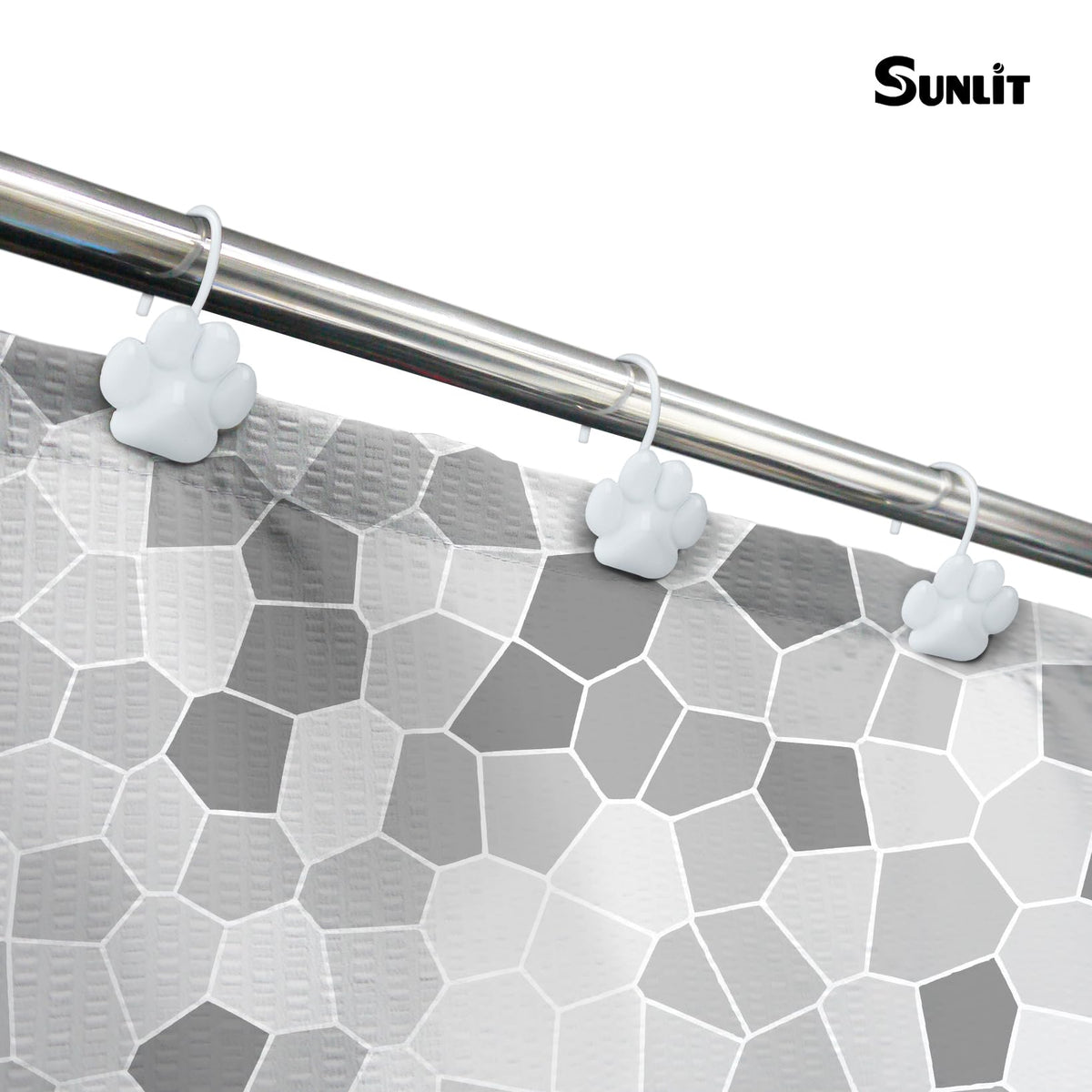 Sunlit Fashion Design Cute Paw Print Polished Double Shower Curtain Hooks for Dog Cat and Bear, Rust Proof Oil Metal Shower Curtain Rings, Black-12 Pack