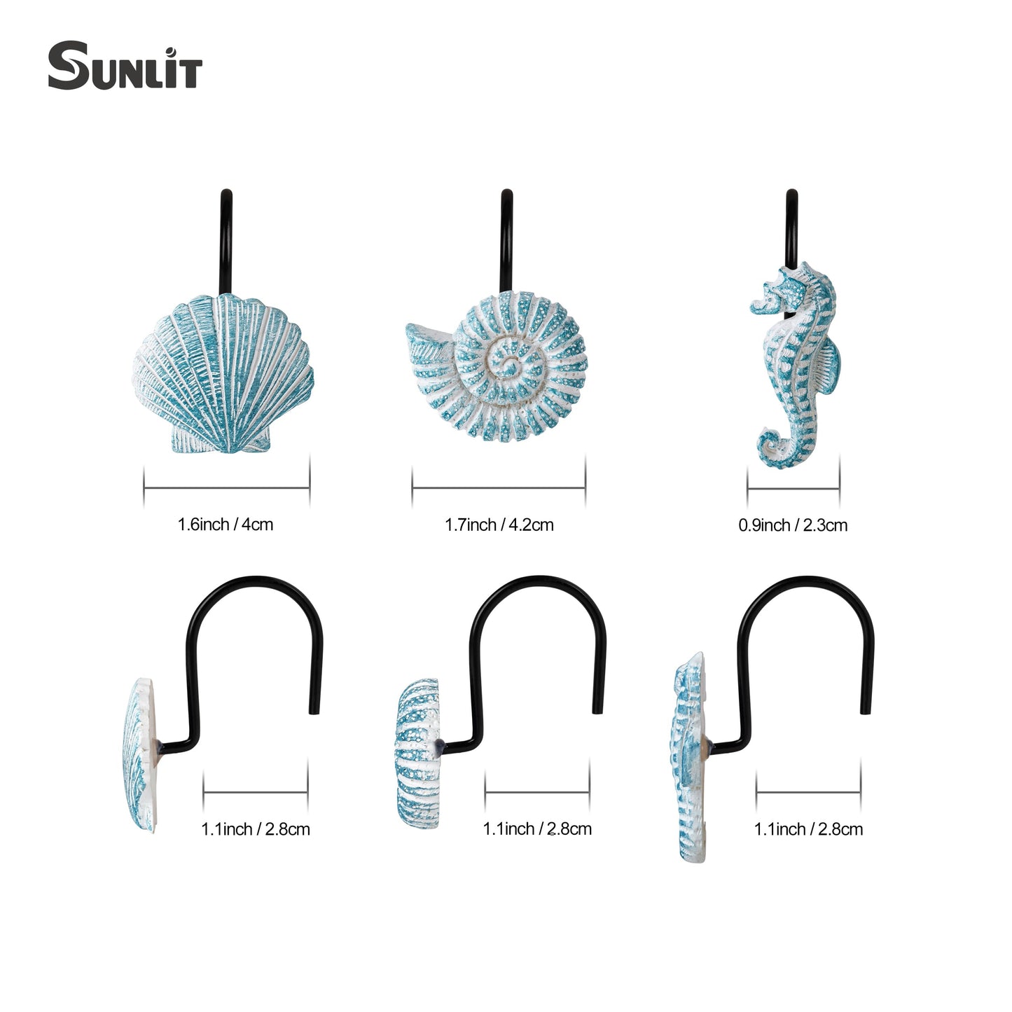 Sunlit Seashells Decorative Shower Curtain Hooks, Blue Ocean Creatures Coastal Shower Curtain Rings with Black Hooks, Resin, Nautical Bathroom Decoration Beach Shower Curtain Hooks, Set of 12